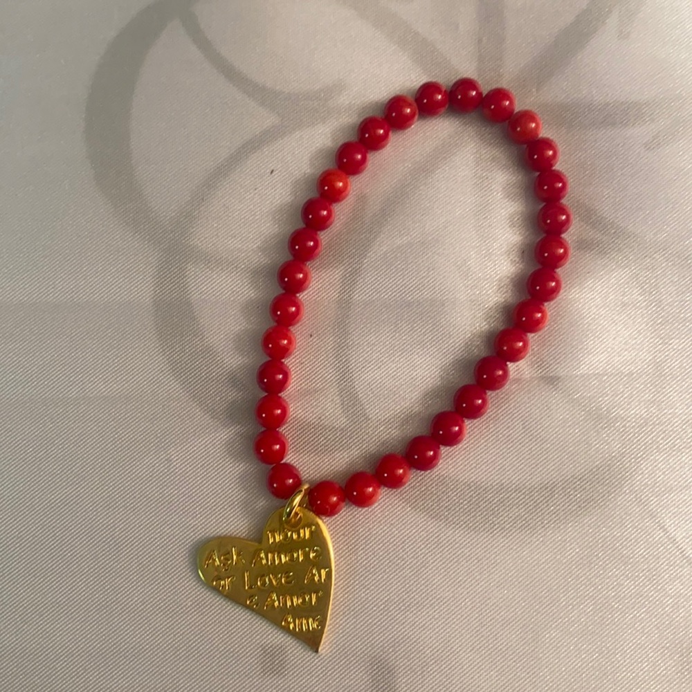 New red red coral bead bracelet with heart Ask Amore written love bracelet